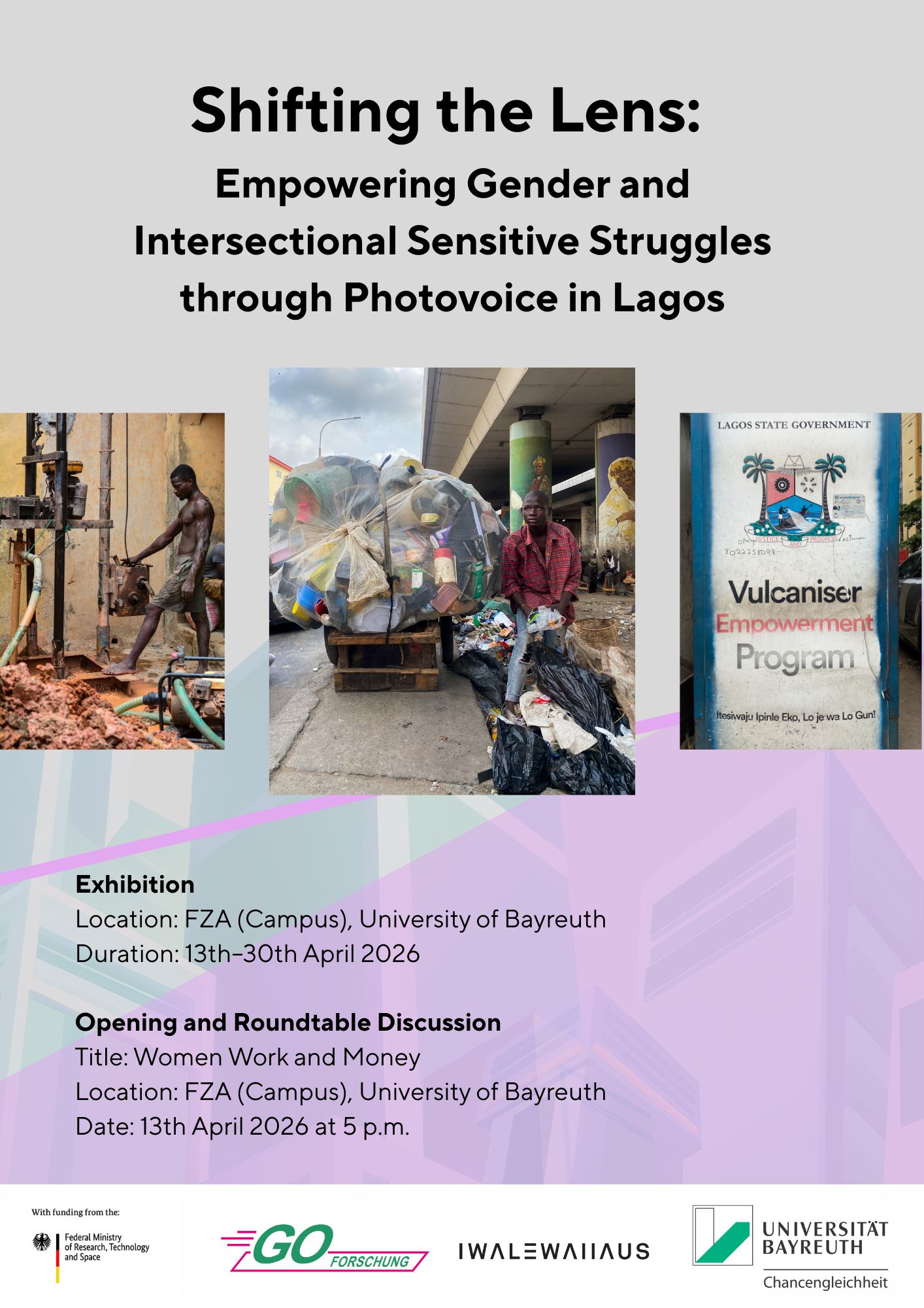 Poster for the Photoexhibition with information about the event and three photos, showing a local empowerment program, a person working with machinery and a person collecting trash.